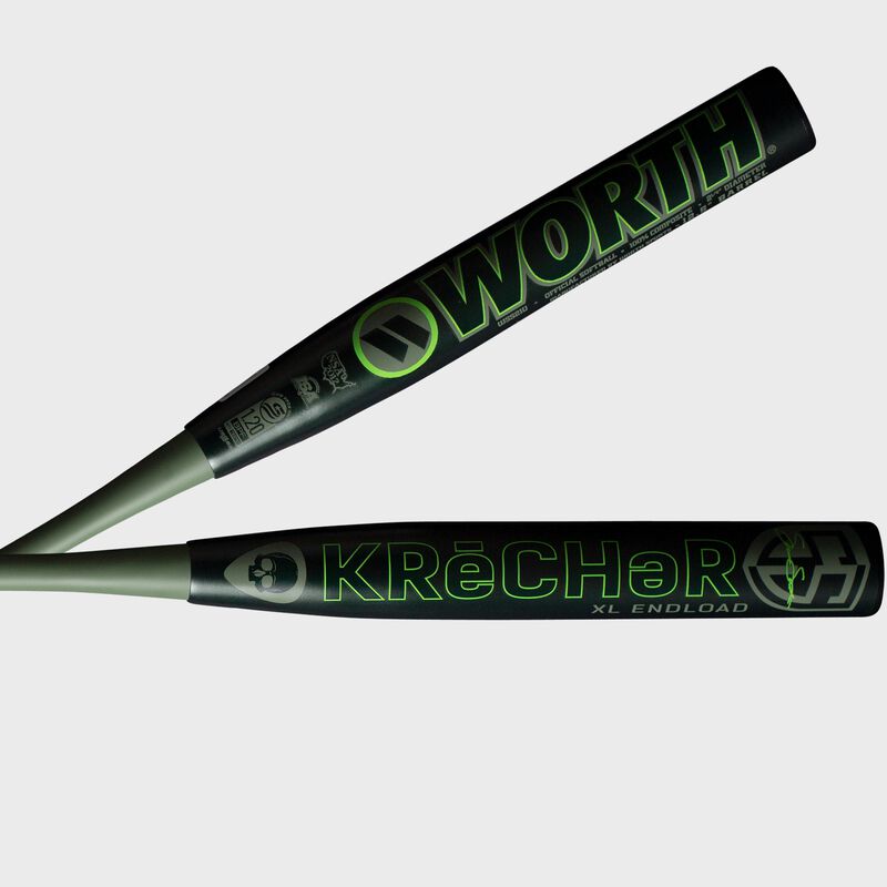 Two views of a black/green 2021 Shannon Smith KReCHeR XL USSSA bat with a KReCHeR logo on one and Miken on the other - SKU : WSS21U